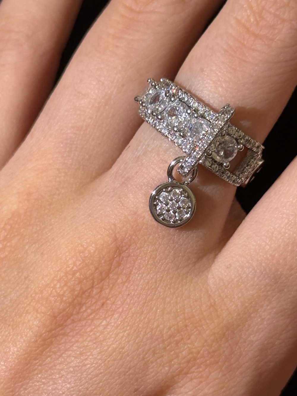 Sterling Silver Cubic Zirconia Halo Stackable Ring with Dangle Charm - White